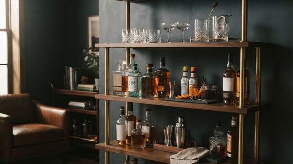 Editorial illustration for How to Organize and Stock a Home Bar: A Tiered Plan for Carts, Cabinets, and Shelves