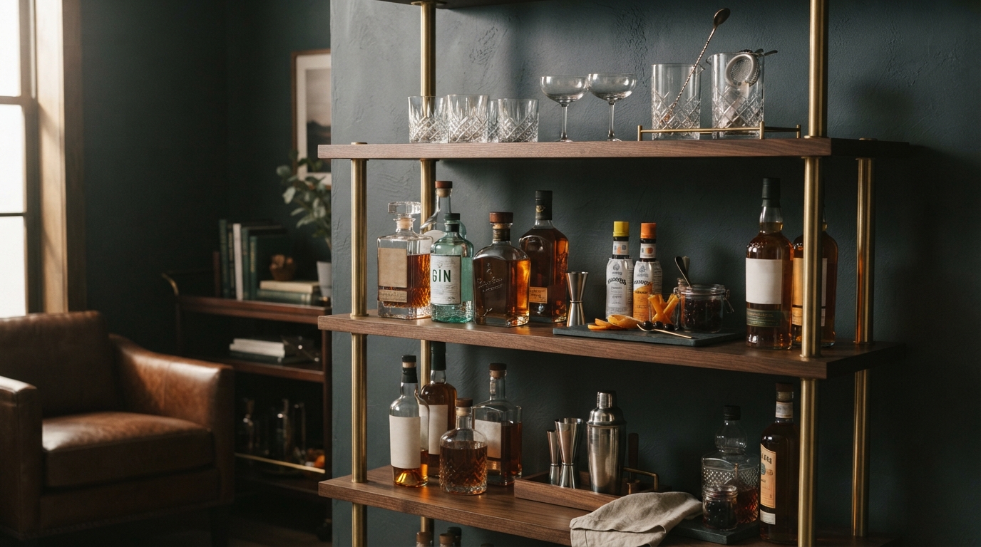 Editorial illustration for How to Organize and Stock a Home Bar: A Tiered Plan for Carts, Cabinets, and Shelves